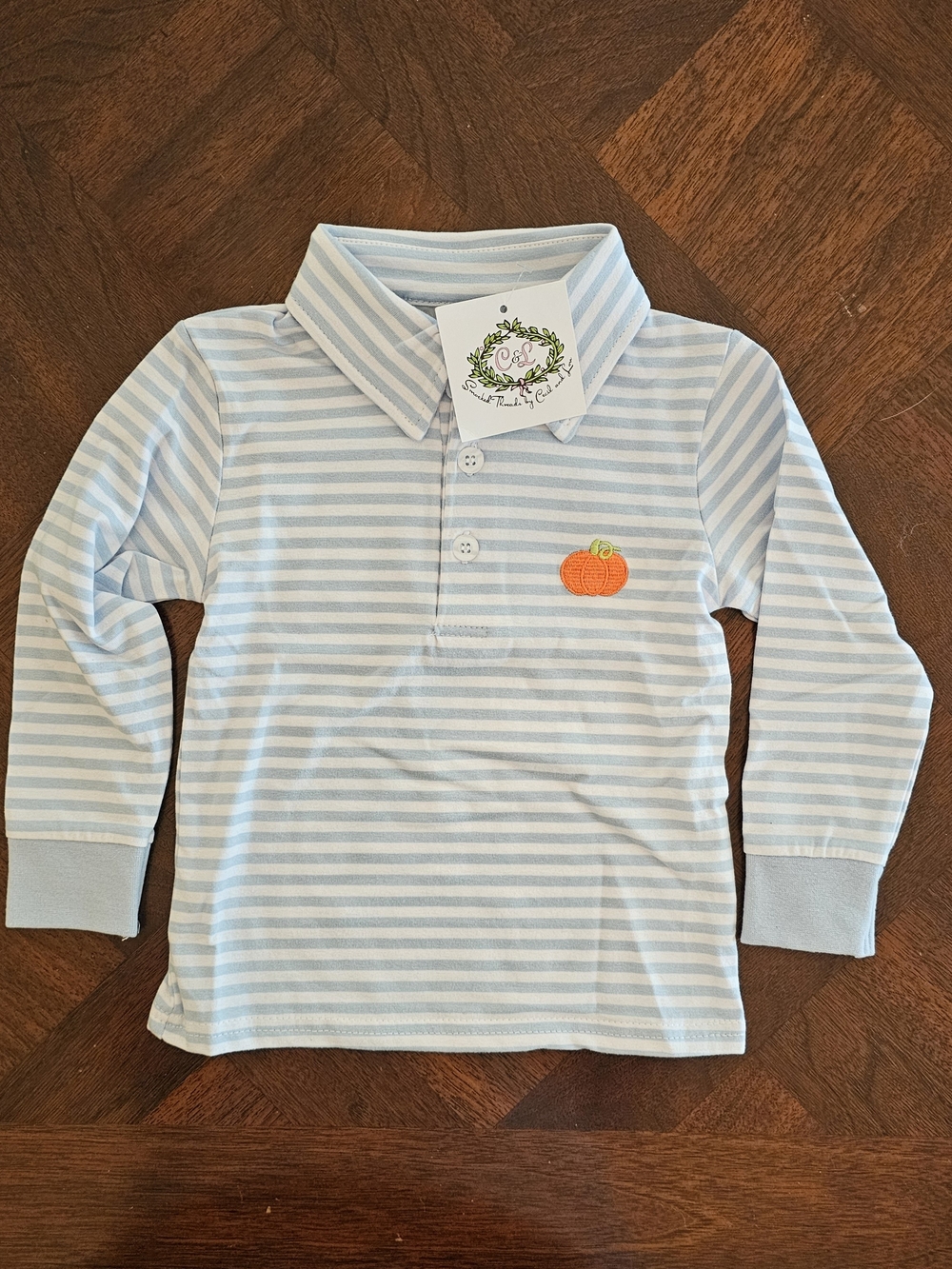 NWT Cecil & Lou Blue Stripe Knit Embroidered Pumpkin Long Sleeve Polo 24M - Picture 6 of 6